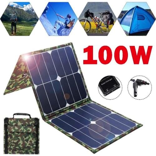 100W Foldable Solar Panel 18V/5V Portable Battery Charger Dual USB Outdoor Waterproof Power Bank for Phone PC Car RV Boat