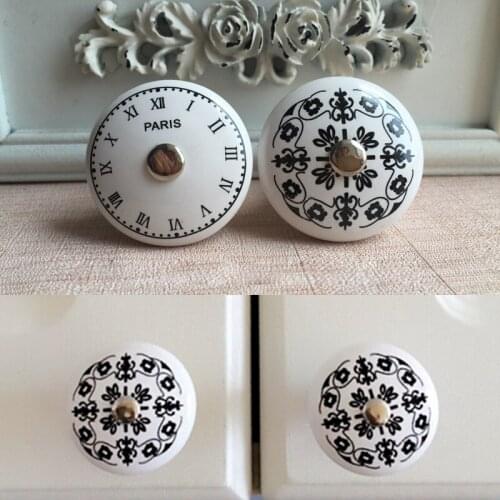 4pcs Vintage Pairs Clock Print Ceramic Knobs Round Cabinet Drawer Pull Cupboard Knob handles for Kids Room Furniture Hardware