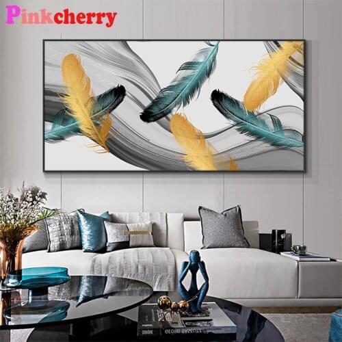 5D DIY diamond painting Modern art, colored feathers cross stitch full diamond Emeroidery mosaic painting home decor