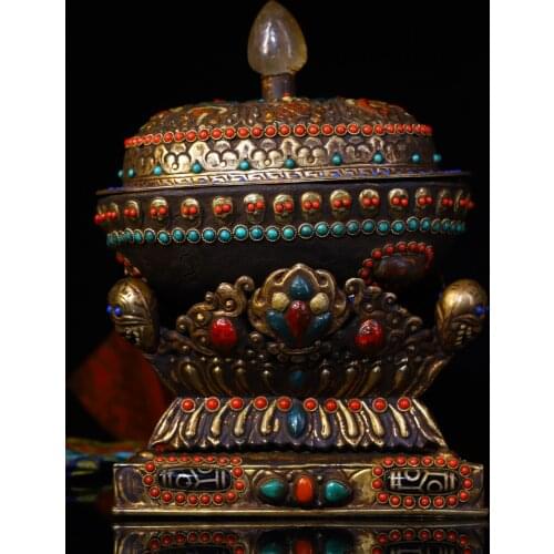 9"Tibet Temple Collection Old Tibetan silver Tracing Filigree mosaic gem Dzi Bead Skull head Gabala Bowl Town House