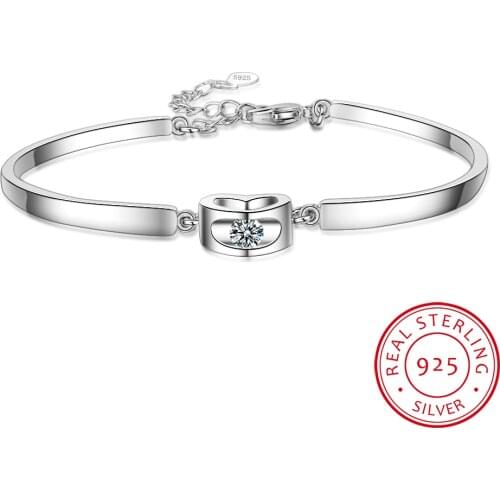 925 Sterling Silver AAA+ Crystal Love Heart Shaped Bangle Bracelets For Women Valentines Gift Wedding Party Fine Jewelry Gfit