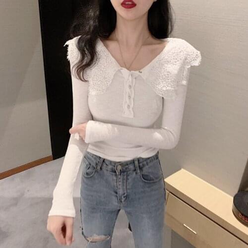 French retro white lace tight-fitting short section long-sleeved knitted T-shirt