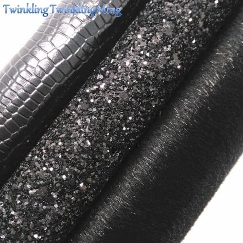 BLACK Glitter Fabric, Crocodile Faux Leather Fabric, Immitation Fur Synthetic Leather For Bows A4 8"x11" Twinkling Ming XM178
