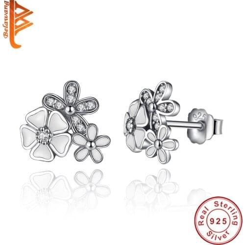 Elegant Original 925 Sterling Silver Poetic Daisy Cherry Blossom Enamel Stud Earrings Crystal Earrings for Women Jewelry Gift