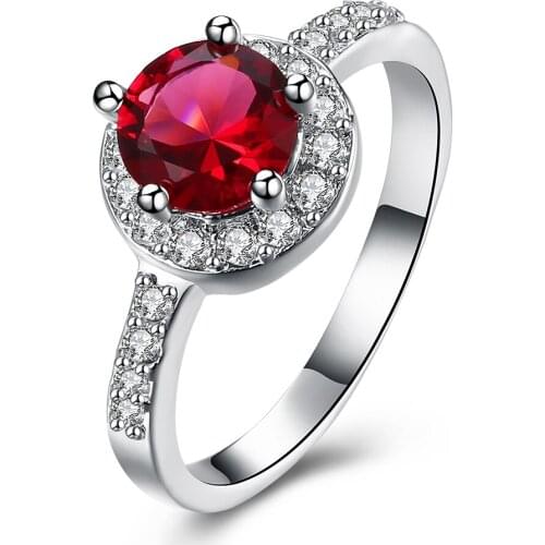 Hot Sale Exquisite Circular Garnet White Crystal Ring 925 Sterling Silver Engagement Wedding Ring Size 8 R292