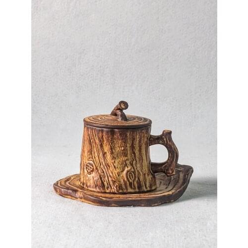 Handmade stoneware coffee mugs cup household coffee mugs with handles creative retro art garland cup Japanese tree stump-shape