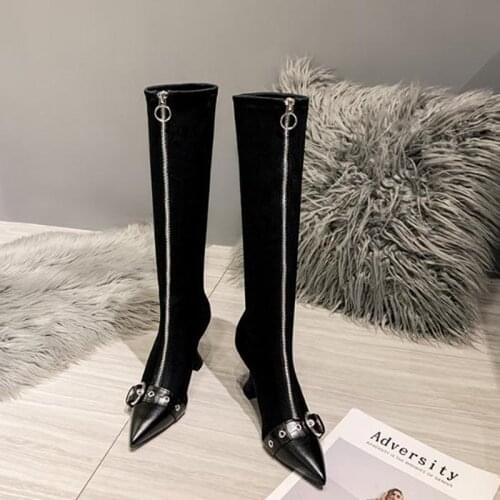Fashion Black High Heel Stretch Boots Spring High Boots Front Zipper Metal Buckle Womens Boots Pointed Stiletto Boots Ladies