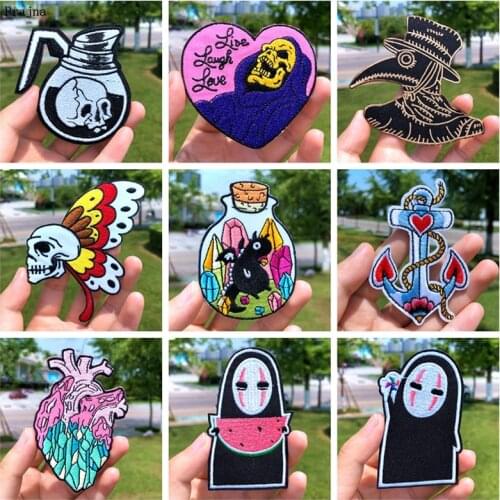 Prajna Cartoon Anime Iron On Patches Skull Butterfly Heart Embroidered Patches For Clothing Applique DIY Cute Patch Badge Stripe