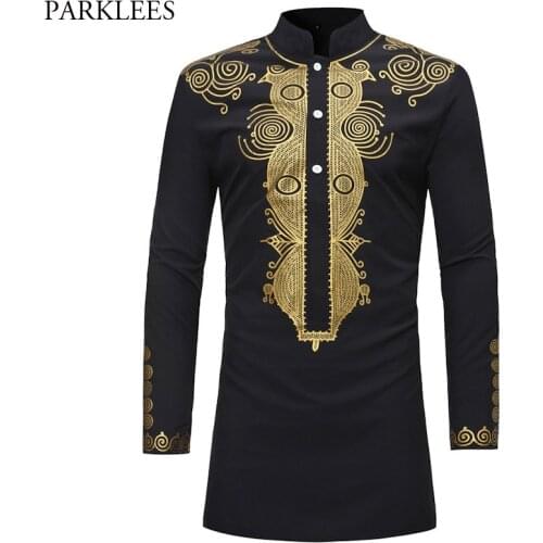 Mens African Print Black Dashiki Shirt 2018 Brand Mandarin Collar Long Sleeve Dress Shirts Mens Slim Fit Mid African Clothing