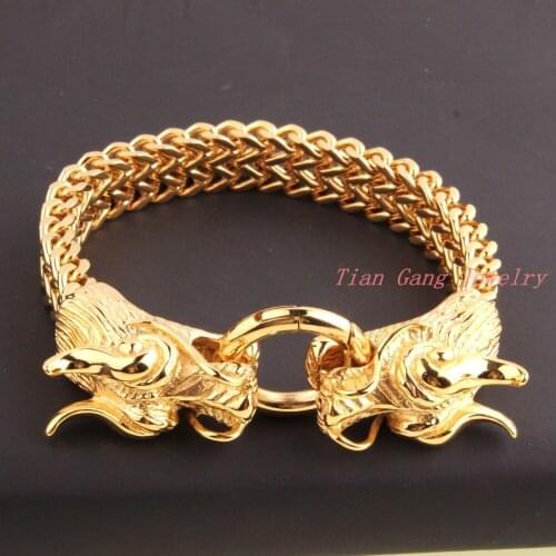 New Fashion Mens Punk Jewelry Strand Bracelets & Bangles Gold Dragon Head Stainless Steel Bracelet Chain Wholesale