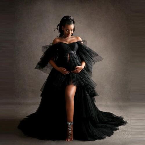 New Elegant Black Pleated Tulle Maternity Dresses Short Sleeves Front Slit Ruffles Custom Made Plus Size Bridal Pregnancy Photo