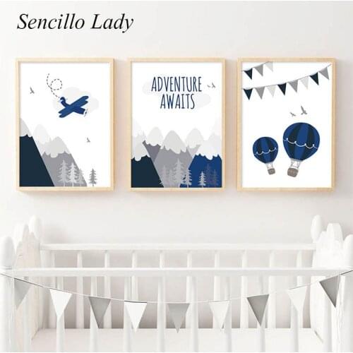Adventure Nursery Poster Airplane Mountain Cartoon Art Painting Canvas Print Nordic Wall Picture Baby Boy Bedroom Decoration