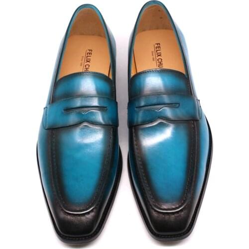 Size 39-47 Handmade Mens Penny Loafers Genuine Leather Light Blue Men Dress Shoes Wedding Party Slip On Shoes Italian Fashion