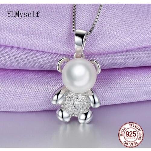 Real 925 Sterling Silver Pendant 40/45cm Chain 8mm Pearl Lovely Bear Cute Animal Fine Jewelry Gift for Girl