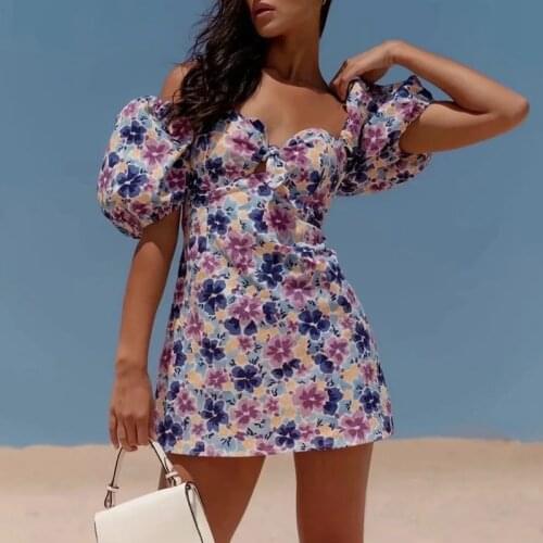 MosiMolly Chic Floral Puff Sleeve Dress Women Summer Dress Smock Dress Female Mini Dress 2021
