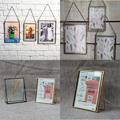 Antique Brass Glass Picture Photo Frame with Chain Hanging Retro Portrait
