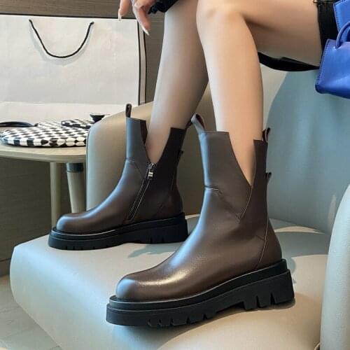 Spring And Autumn Chunky Ankle Boots 2021 New Genuine Leather Western Boots British Style Platform Thick Bottom Zip V-cut Boots