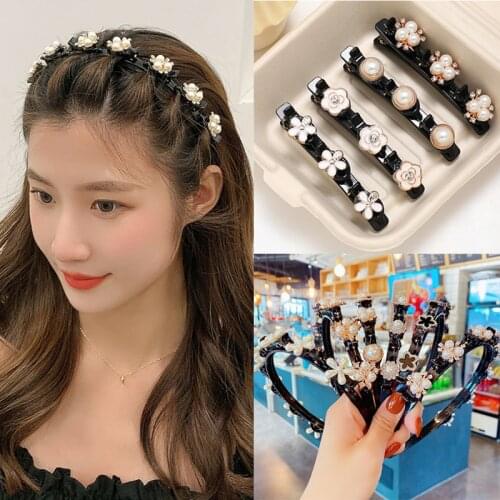 Crystal Beaded Hairband Imitation Pearl Hair Clips Braided Headwear Sweet Chic Bangs Fixed Hair Claw For Women Hair Accessories