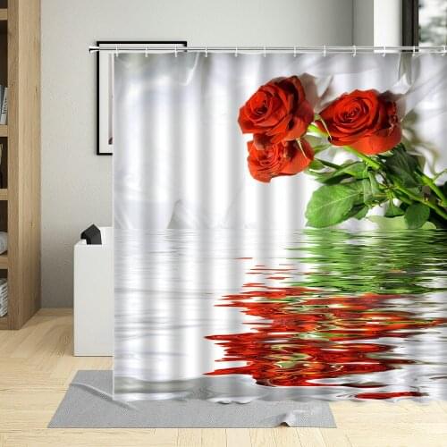 Plant Flowers Red Rose Shower Curtain In the Water Orchids Lilys Tulips Butterfly Decor Bathroom Washable Fabric Suit With Hook