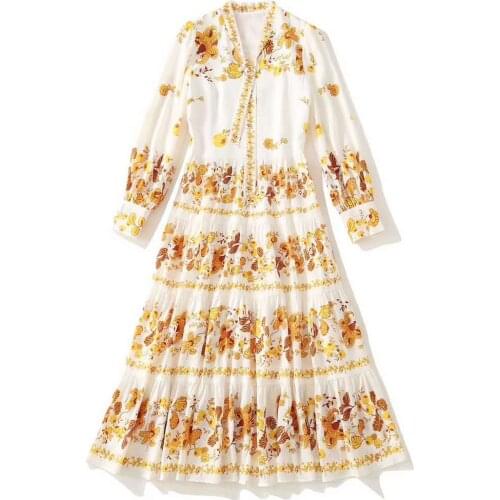 European and American womens clothing 2021 new style Long sleeved V-neck yellow print pleated fashion dress
