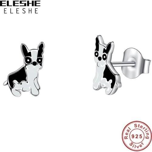 925 Sterling Silver Bulldog Cute Black White Studs Earrings Small Animal Earring For Women Party Jewelry