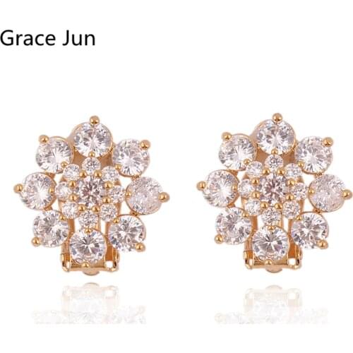 Grace Jun New Arrival AAA Cubic Zircon Flower Shape Clip on Earrings for Women Bride Wedding Elegant No Hole Earrings No Allergy