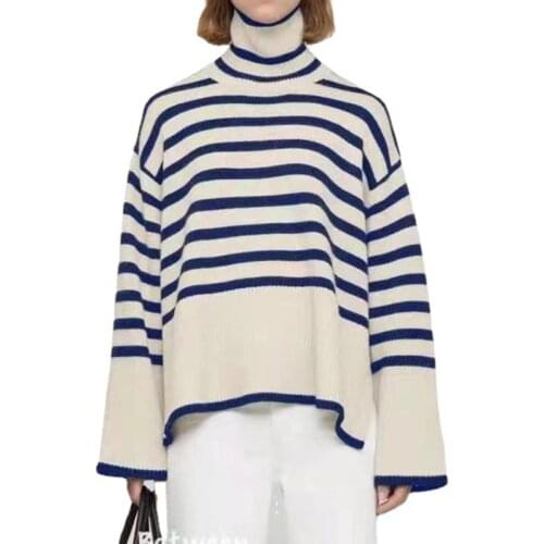 Women Turtleneck Stripes Knit Sweater 2021 New Ladies Long Sleeve Wool Blend Hem Slit Knitwear Simple Casual Ladies Jumper Top