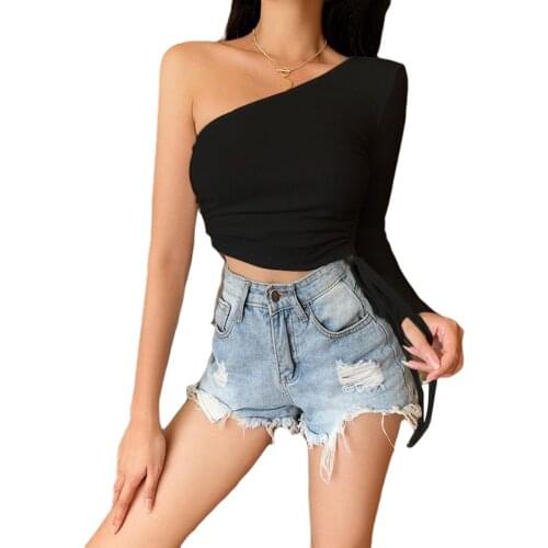 Womens One Shoulder Crop Top, Sexy Long Sleeve Side Drawstring Slim Fit Rib Knit Tee Shirt 2020 New Hot
