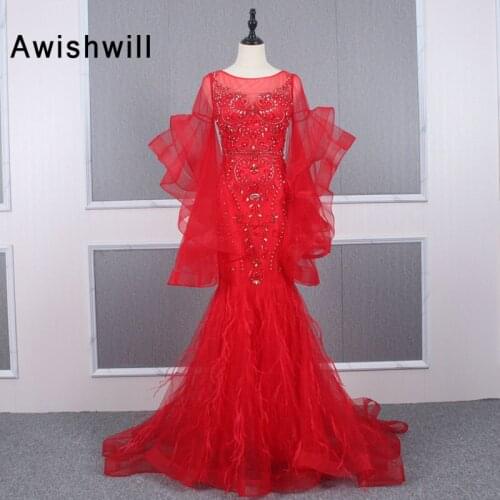 New Arrival Long Sleeves Prom Dresses 2020 Red Champagne Beaded Tulle With Feathers Mermaid African Evening Gowns for Women