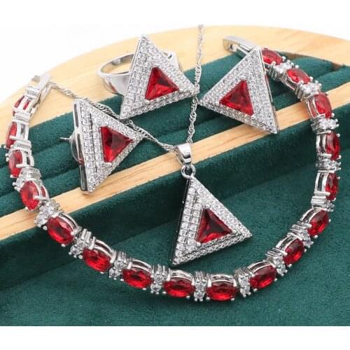 2021 New Geometric Red Stones Silver Jewelry Set for Women Bracelet Stud Earrings Necklace pendant Ring