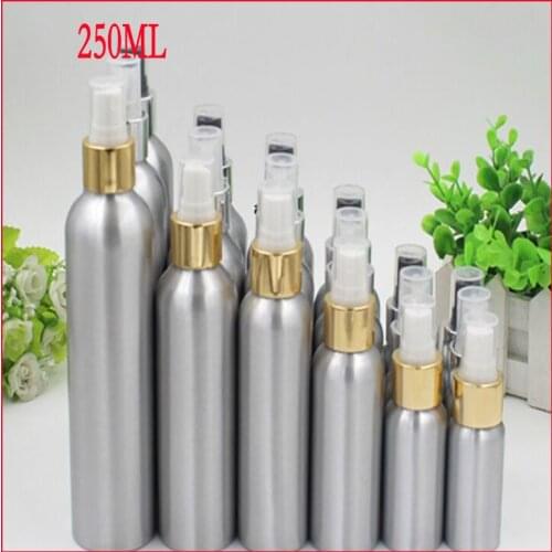 250ml Aluminium bottle pump sprayer bottle w silver/gold shoulder metal bottle Refillable bottle mist sprayer 100pcs/lot