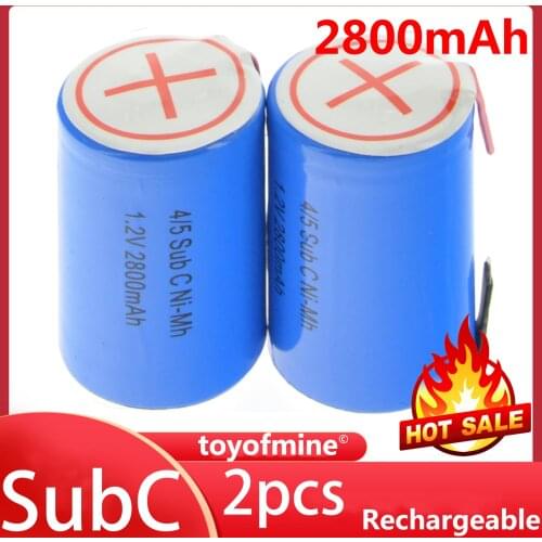 2pcs 1.2V 4/5 SubC 2800mAh Ni-Mh Rechargeable Battery Blue Cell with Tab Sub C