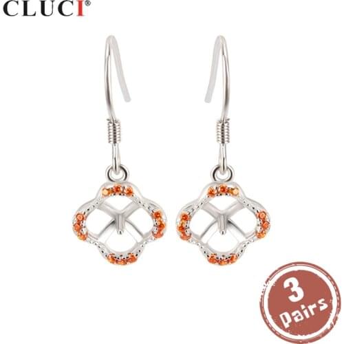 CLUCI 3 pair wholesale Silver 925 Clover Drop Earrings Pearl Earrings Mounting 925 Sterling Silver Zircon Earrings SE059SB