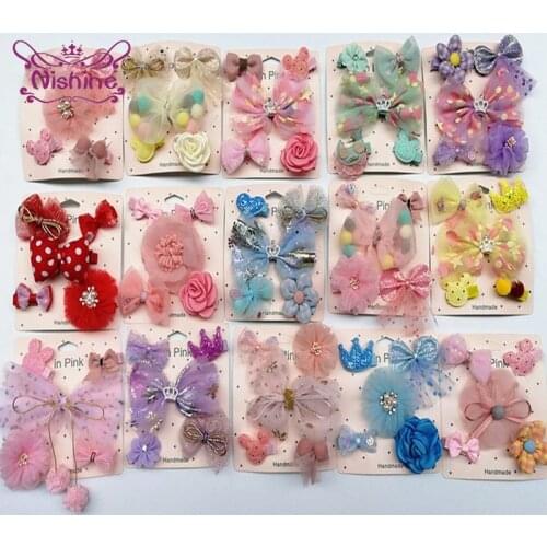 Nishine 5pcs/lot Shining Crown Bowknot Infant Hair Clips Cute Handmade Flowers Baby Hairpins Fashion Bows Headwear Birthday Gift