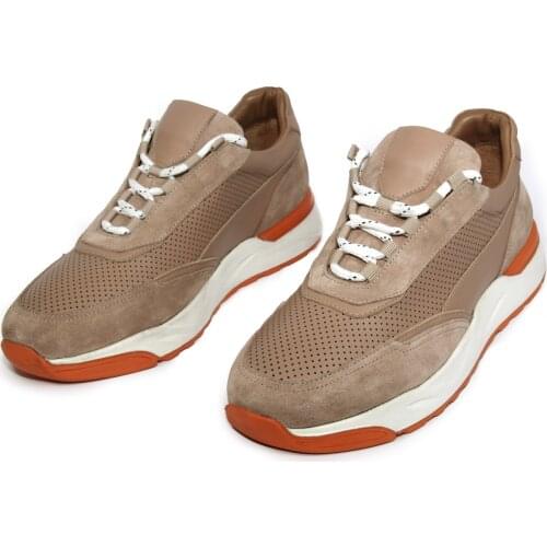 Handmade Beige & Orange Sneakers, Natural Calf Leather and Suede, Rubber Sole, Mens Runnig Training Sport Shoes