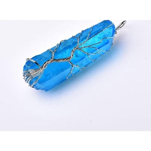 1PC Natural Crystal Pendant Aquamarine Ornament Tree Of Life Fashion Pendant Necklace For Women Mineral Jewelry Raw Crystals