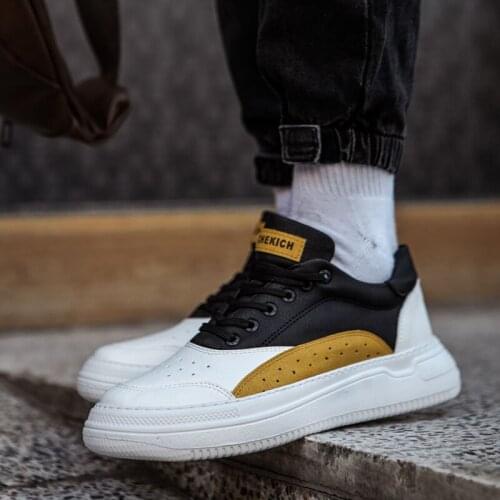 Chekich Mens Sneakers White and Black Color Lace Up Artificial Leather Summer Fall Seasons Mixed Color Casual Vulcanized Gold-Yellow Comfortable 2021 Fashion Wedding Lightweight Breathable Sewing Base Flat CH115 V3