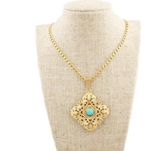 Newest Turkey Blue Stone Pendants Gold Color Pendant & Necklace Fashion Jewelry Slide Pendants Arabic Women Girls Gifts