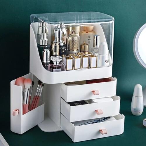 Large Capacity Makeup Organizer Plastic Waterproof Dustproof Cosmetics Storage Drawers Box with Lid Makeup Brush Holder