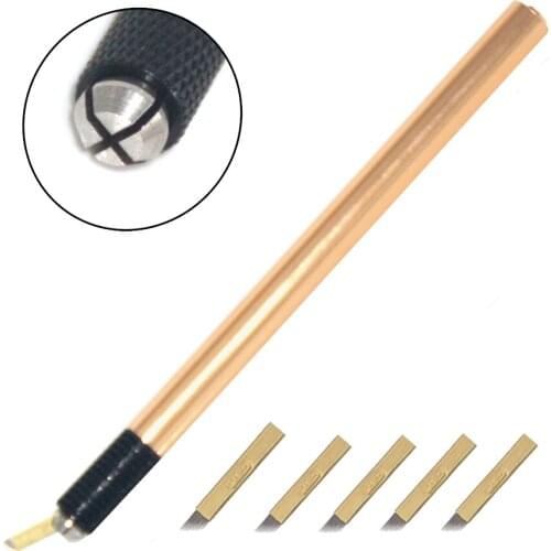 High quality gold stainless steel permanent eyebrow manual tattoo machine pen for eyebrow makeup with 5pcs blades