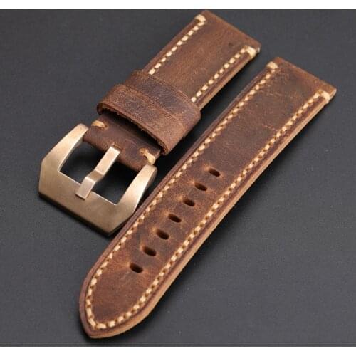 Hand-Folded Brown Leather Watchband, 20 21 22 23 24MM Is Suitable For Military Watch. Bronze Watch Strap, Bronze Buckle Bracele