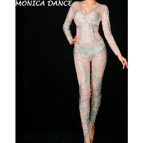3 Colors Sparkly Rhinestones Mesh Jumpsuit Women Birthday Celebrate Perspective Bodysuit Sexy Costume Performance Evening Wear