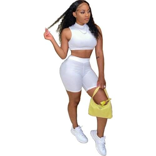 Casual Active Solid Tracksuit Women Summer Sexy Fitness O Neck Sleeveless Crop Top + Biker Shorts Slim Two Piece Set Outfits