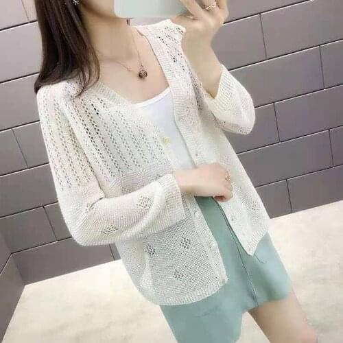 2021 Women Summer Knit V-Neck Crop Cardigans Tops Female Button Up Long Sleeve Hollow Out Cardigan Loose Solid Shawl Tops L172