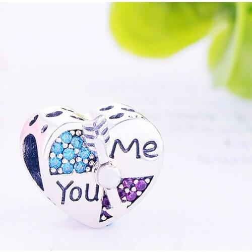 100% 925 Silver Arrow You And Me Love Heart Blue Zirconia Bead Fit Original Brand Charm Bracelet For Making Women Jewelry 2020