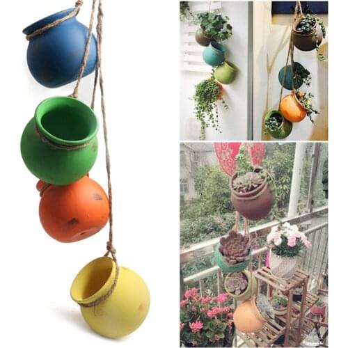 4Pcs Dangling Desert Color Ceramic Pots Set Wall Ceiling Mount Mini Bonsai Planters Vase Garden Decor