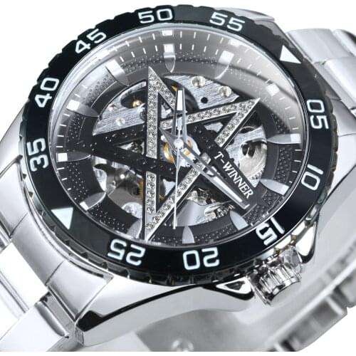 WINNER Automatic Mechanical Watch Crystal Star Dial Fashion Business Mens Watches Stainless Steel Strap Skeleton Wrist Watches