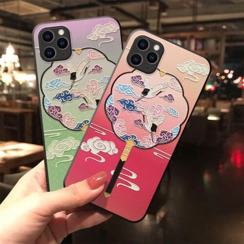 Elegant 3D Emboss Chinese style Fan Phone Case For iPhone X XS XR 11 12Pro MAX 6 7 8 Plus Soft TPU Back Cover Matte case Coque