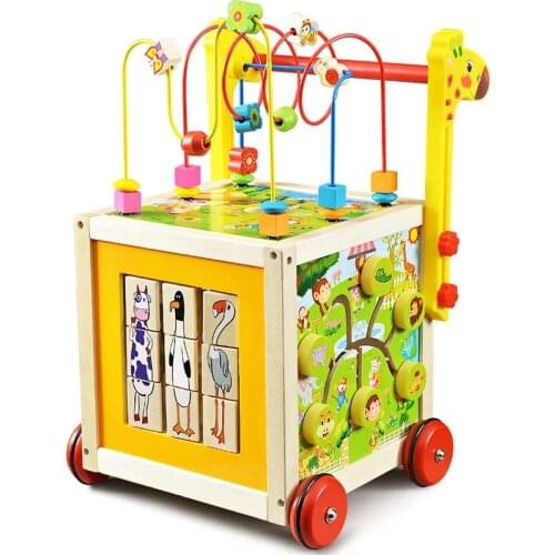 Wooden baby child toddler car trolley puzzle walker big round beads multi-function treasure box toy play baby 7-18 months