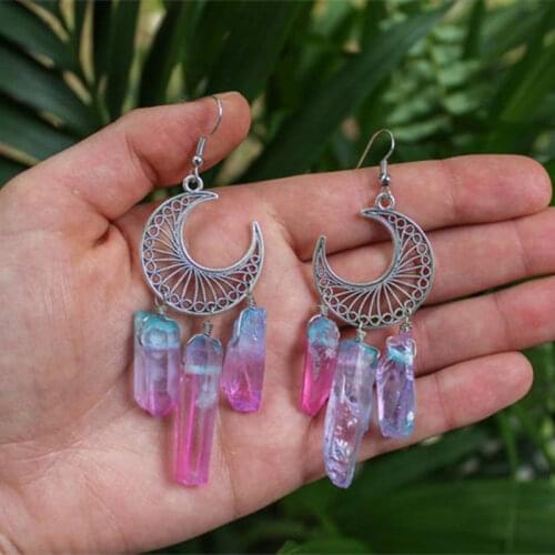 2021Hot Sale New Witchy Rainbow Quartz Crystal Earrings,Dangle Earrings With Crescent Moon,Gift For Witchy Moon Phase Jewelry